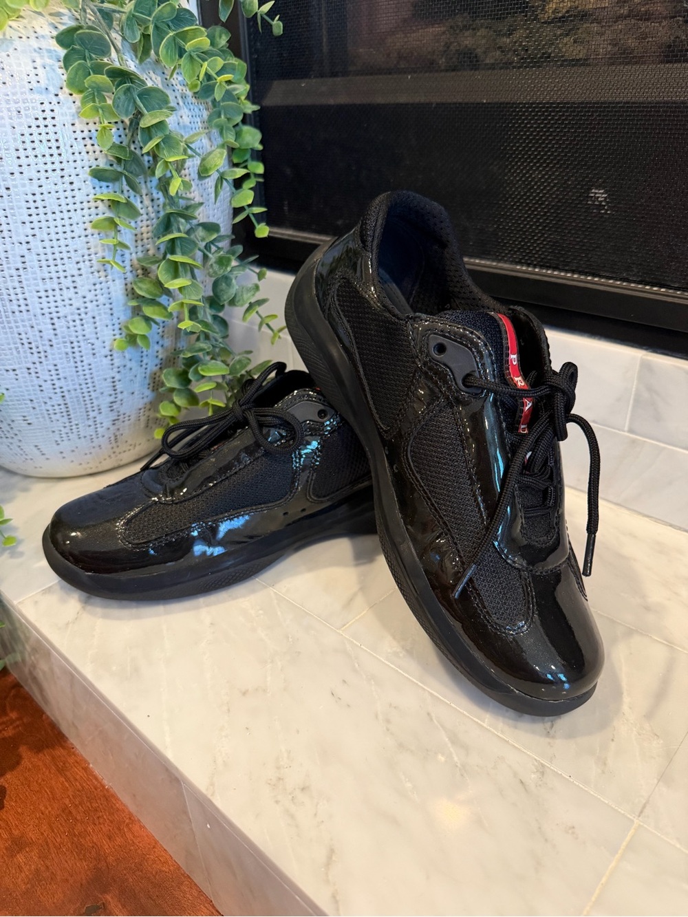 100% Authentic Prada America’s Cup Patent Leather Sneakers Black Luxury Shoes